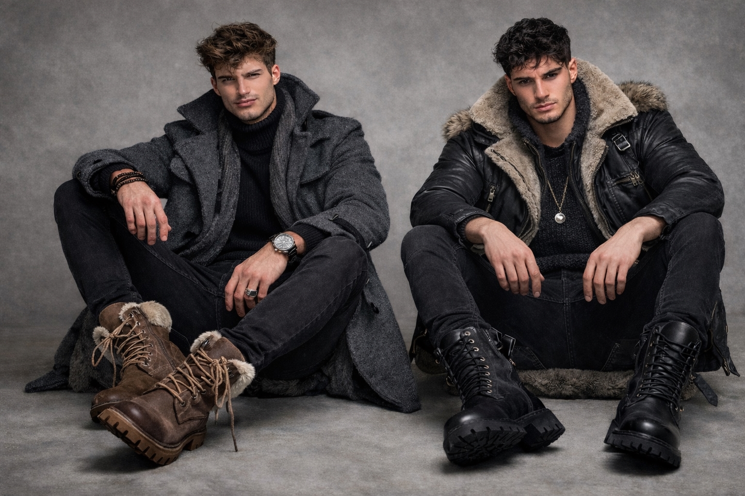 Two confident men wearing tailored black blazers with subtle gold necklaces and deep-toned shirts in a luxury European studio setting.
